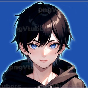 May include: Digital illustration of a person with short black hair and bright blue eyes, wearing a black hooded sweatshirt. The image has a blue background with a white border and the text "pngVtubers".