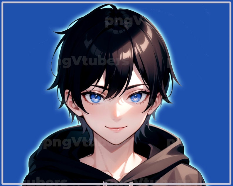 May include: Digital illustration of a person with short black hair and bright blue eyes, wearing a black hooded sweatshirt. The image has a blue background with a white border and the text "pngVtubers".