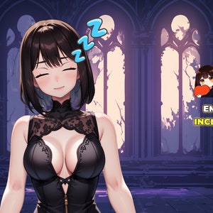 May include: A woman with long black hair is wearing a black lace dress. She is smiling and has her eyes closed. The background is a dark, gothic-style room with large windows. The text "EMOTES INCLUDED!!" is displayed in yellow on a purple background.