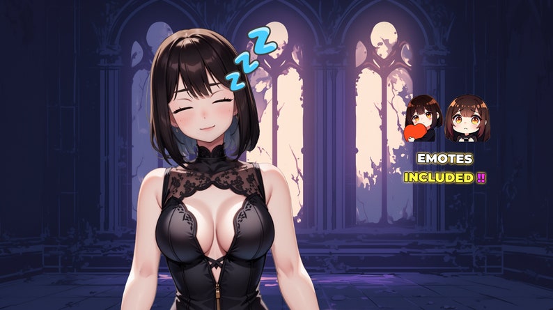 May include: A woman with long black hair is wearing a black lace dress. She is smiling and has her eyes closed. The background is a dark, gothic-style room with large windows. The text "EMOTES INCLUDED!!" is displayed in yellow on a purple background.
