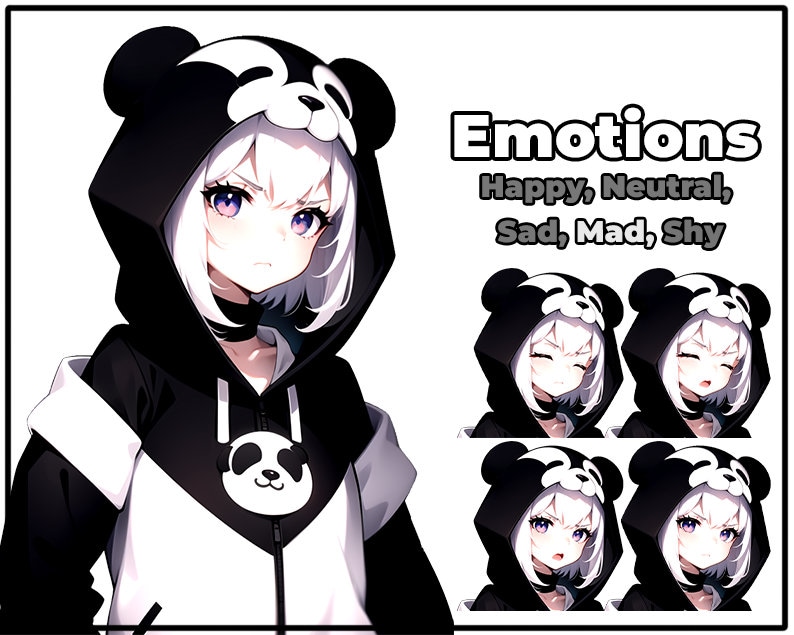 Puede incluir: Una ilustraci&oacute;n digital de una chica de dibujos animados con cabello blanco que lleva una sudadera con capucha de panda en blanco y negro. La chica se muestra con diferentes expresiones faciales, incluyendo feliz, neutral, triste, enojada y t&iacute;mida. El texto "Emotions" est&aacute; escrito sobre la cabeza de la chica, y el texto "Happy, Neutral, Sad, Mad, Shy" est&aacute; escrito debajo de la cabeza de la chica.