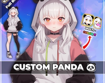 Pode incluir: Um moletom de panda branco e preto com um design de bloco de cores rosa e preto. O moletom tem um capuz grande com orelhas de panda e um cordão branco. O texto "CUSTOM PANDA" está na parte inferior da imagem. O texto "MULTI-COLOR!!" está no canto superior direito da imagem.