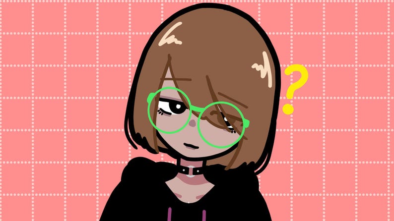 May include: A cartoon illustration of a person with brown hair wearing green round glasses and a black hooded sweatshirt. The person has a questioning expression and a question mark is drawn next to their head.