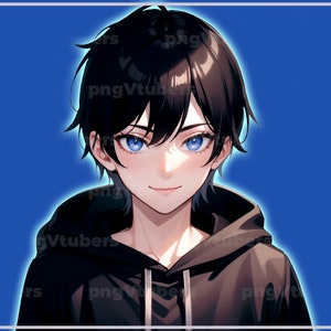 May include: Digital illustration of a person with black hair and bright blue eyes, wearing a black hoodie. The image has a blue background with the text "pngVtubers" in the corners.