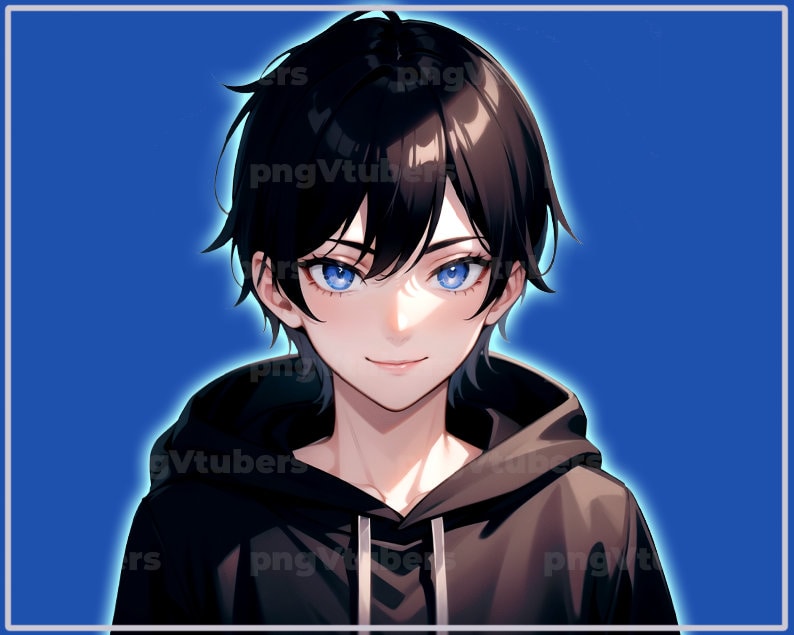 May include: Digital illustration of a person with black hair and bright blue eyes, wearing a black hoodie. The image has a blue background with the text "pngVtubers" in the corners.