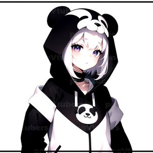 Puede incluir: Una chica de anime con cabello blanco y ojos morados que lleva una sudadera con capucha de panda en blanco y negro. La sudadera tiene una cara de panda en la parte delantera y orejas de panda en la capucha.