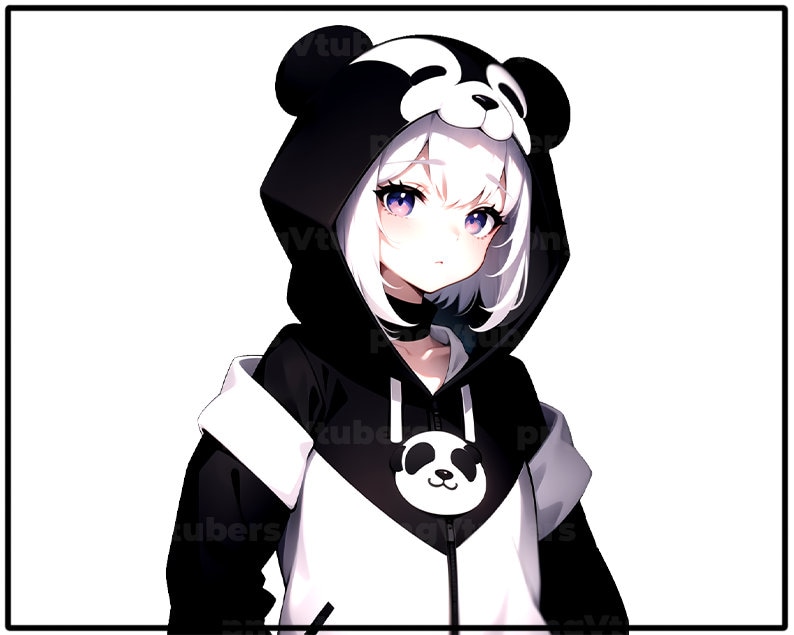 Puede incluir: Una chica de anime con cabello blanco y ojos morados que lleva una sudadera con capucha de panda en blanco y negro. La sudadera tiene una cara de panda en la parte delantera y orejas de panda en la capucha.