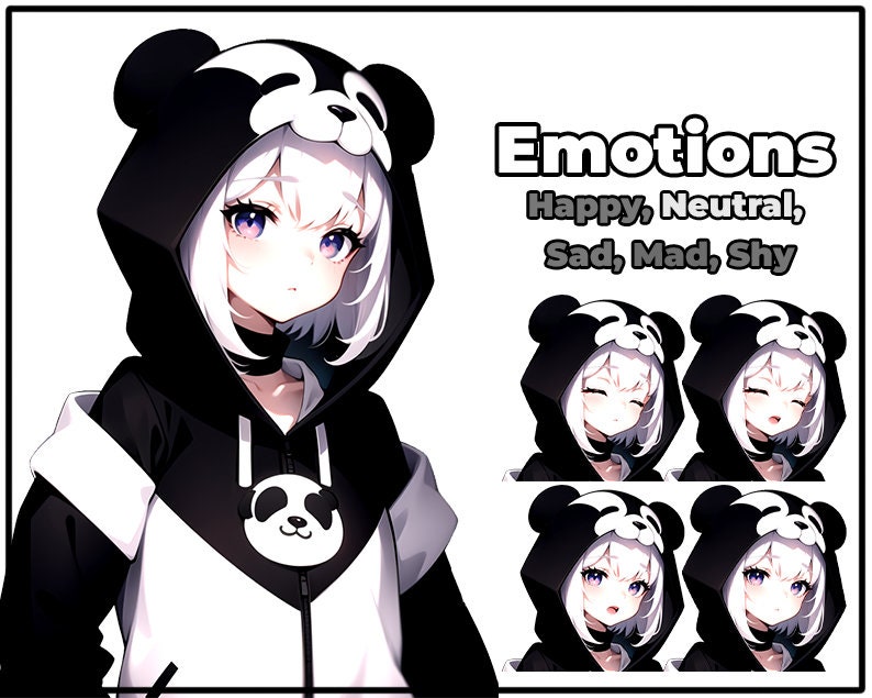 Puede incluir: Una ilustraci&oacute;n digital de una chica con cabello blanco que lleva una sudadera con capucha de panda en blanco y negro. La chica tiene diferentes expresiones faciales, incluyendo feliz, neutral, triste, enojada y t&iacute;mida.