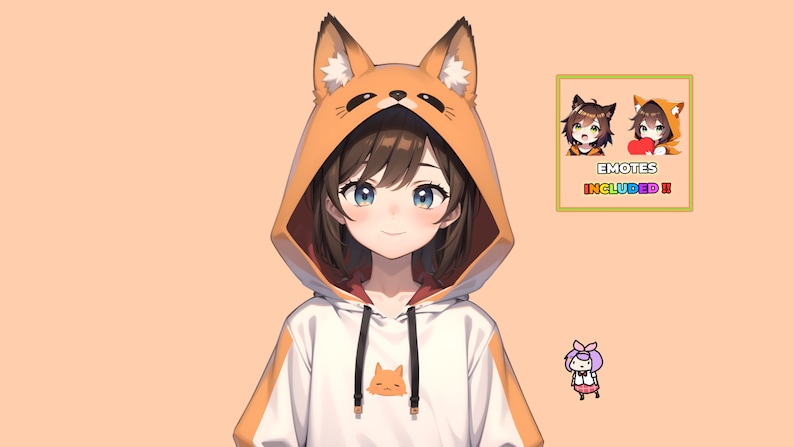 Puede incluir: Una ilustraci&oacute;n de estilo anime de una chica con cabello casta&ntilde;o que lleva una sudadera blanca con orejas de zorro naranja y una cara de zorro en la parte delantera. La chica sonr&iacute;e y mira al espectador. El fondo es de color naranja claro. La imagen tambi&eacute;n incluye dos peque&ntilde;os emoticonos de la chica con diferentes expresiones, y el texto "EMOTES INCLUDED!" en colores arco&iacute;ris.