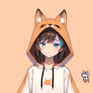 May include: A young woman with brown hair and blue eyes is wearing a white hoodie with orange fox ears and a small fox graphic on the front. She is smiling and has a small blue teardrop on her cheek. A small cartoon character with a pink bow is in the background.