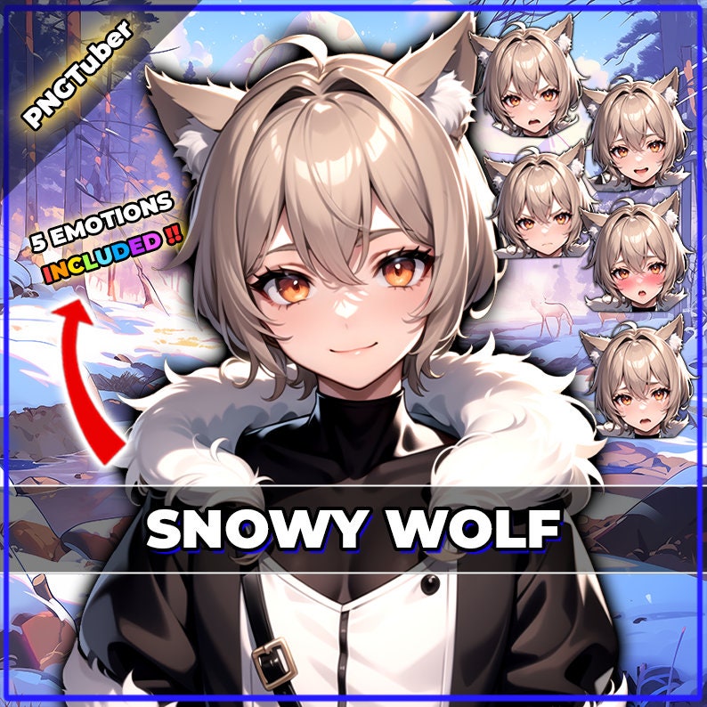 Snowy Wolf PNGTuber Modell: Androgyner Neko Vtuber mit Expressionen