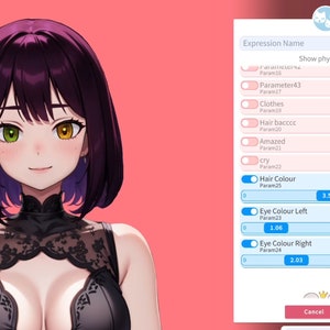 May include: A digital illustration of a woman with purple hair, green and yellow eyes, and a black lace top. The image is accompanied by a digital interface with sliders and checkboxes for adjusting the woman's appearance.