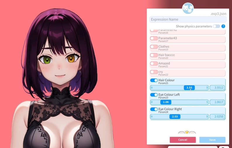 May include: A digital illustration of a woman with purple hair, green and yellow eyes, and a black lace top. The image is accompanied by a digital interface with sliders and checkboxes for adjusting the woman's appearance.