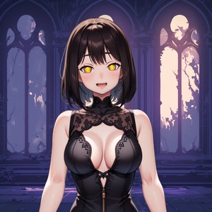 May include: A woman with dark hair and yellow eyes is wearing a black lace dress. She is standing in a dark, gothic setting with large windows behind her.