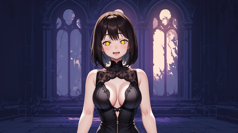 May include: A woman with dark hair and yellow eyes is wearing a black lace dress. She is standing in a dark, gothic setting with large windows behind her.