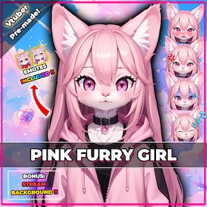 May include: Pink furry girl Vtuber avatar with a pink hoodie and black choker. The avatar has pink hair and blue eyes. The image includes several emotes with different expressions. The text "Vtuber Pre-made!" and "EMOTES INCLUDED!!" is visible in the image.