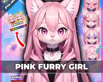 Färdiggjord rosa pälskling Vtuber-modell: Animerade emotes, streambakgrund