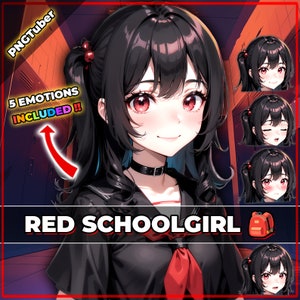 pngTuber、赤と黒の女子高生 2D Vtuber / 5 つの表情を持つプリメイド & プリセットアップ モデル、ストリーミング対応 / Veadotube / Twitch / ライブ