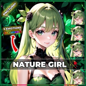 pngTuber, Green Nature Flower Girl 2d Vtuber / Premade & Presetup model with 5 expressions, ready for streaming / Veadotube / Twitch / Ready