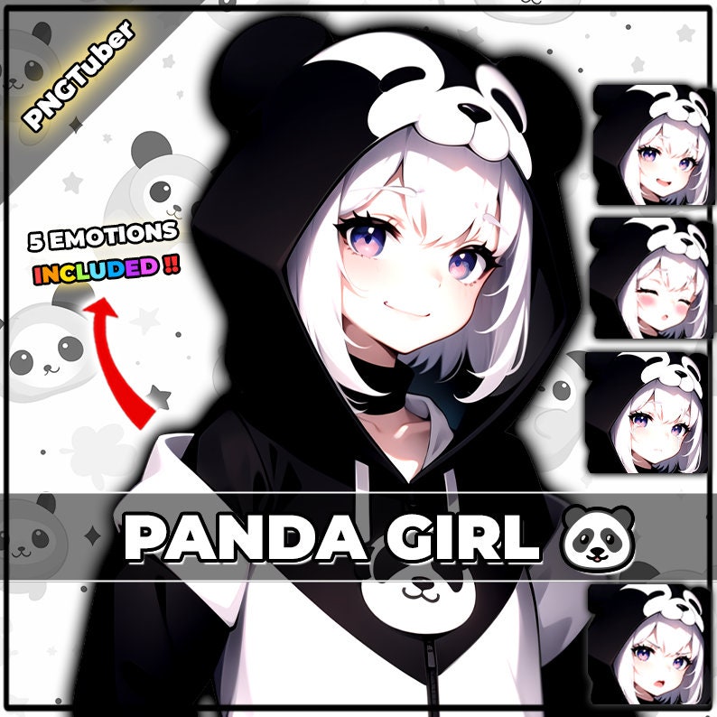 Puede incluir: Una ilustraci&oacute;n digital de una chica con cabello blanco que lleva una sudadera con capucha de panda en blanco y negro. La sudadera tiene una cara de panda en la parte delantera. La chica sonr&iacute;e y tiene ojos azules. La imagen incluye cinco expresiones diferentes de la chica, todas con la misma sudadera con capucha de panda.