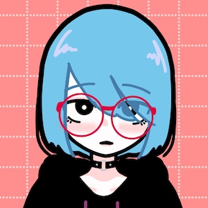 May include: A cartoon illustration of a person with blue hair wearing red-rimmed glasses and a black hoodie. The person has a light pink blush on their cheeks.