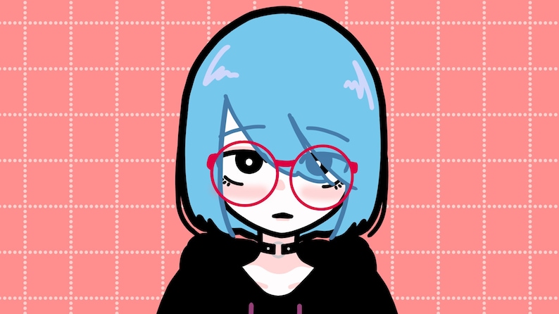 May include: A cartoon illustration of a person with blue hair wearing red-rimmed glasses and a black hoodie. The person has a light pink blush on their cheeks.