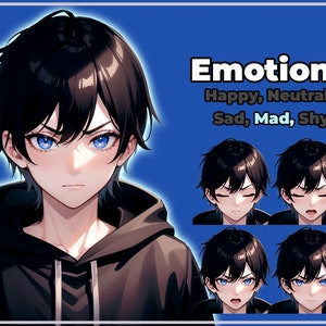 May include: Digital illustration of an anime-style character with black hair and blue eyes, wearing a black hoodie. The image includes the word "Emotions" and lists "Happy, Neutral, Sad, Mad, Shy" with corresponding facial expressions.