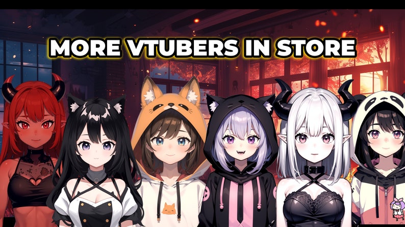 以下が含まれることがあります： 異なる色の髪と衣装を着た6人のアニメキャラクターのグループ。彼らは皆、動物の耳が付いたフード付きのトレーナーを着ています。画像の上部には「MORE VTUBERS IN STORE」というテキストがあります。