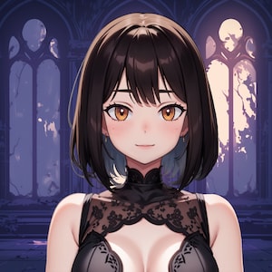 May include: A young woman with short brown hair and orange eyes is wearing a black lace top. She is standing in front of a large, arched window with a view of a dark, overgrown garden.