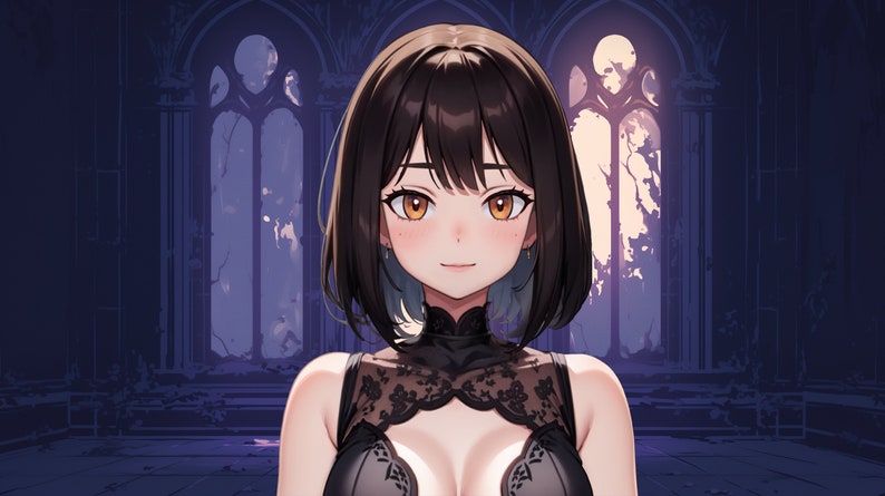 May include: A young woman with short brown hair and orange eyes is wearing a black lace top. She is standing in front of a large, arched window with a view of a dark, overgrown garden.