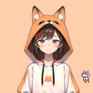Puede incluir: Una joven con cabello casta&ntilde;o y ojos azules lleva una sudadera blanca y naranja con orejas de zorro. La sudadera tiene un peque&ntilde;o dise&ntilde;o de gato en la parte delantera. La mujer sonr&iacute;e y mira al espectador. Un peque&ntilde;o personaje de dibujos animados es visible en el fondo.