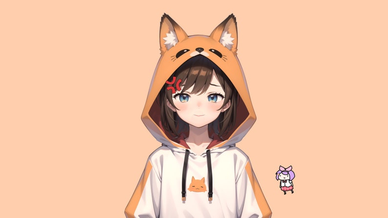 Puede incluir: Una joven con cabello casta&ntilde;o y ojos azules lleva una sudadera blanca y naranja con orejas de zorro. La sudadera tiene un peque&ntilde;o dise&ntilde;o de gato en la parte delantera. La mujer sonr&iacute;e y mira al espectador. Un peque&ntilde;o personaje de dibujos animados es visible en el fondo.