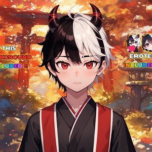 Op de afbeelding: Een digitale illustratie van een jong persoon met zwart en wit haar, rode ogen en hoorns. Ze dragen een zwart en rode kimono. De achtergrond is een kleurrijke herfstsc&egrave;ne met een Japanse poort en bomen. De tekst "This background included!" en "Emotes included!" is zichtbaar in de afbeelding.