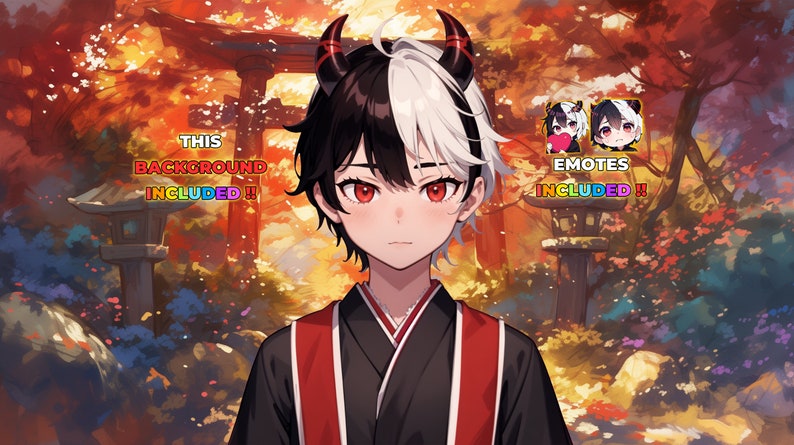 Op de afbeelding: Een digitale illustratie van een jong persoon met zwart en wit haar, rode ogen en hoorns. Ze dragen een zwart en rode kimono. De achtergrond is een kleurrijke herfstsc&egrave;ne met een Japanse poort en bomen. De tekst "This background included!" en "Emotes included!" is zichtbaar in de afbeelding.