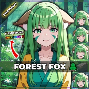 Puede incluir: Una ilustración digital de un personaje de anime con cabello verde y orejas de zorro, que lleva un kimono amarillo y verde. El personaje tiene cinco expresiones faciales diferentes, incluyendo feliz, triste, enojado, sorprendido y neutral. El texto "FOREST FOX" se muestra en la parte inferior de la imagen.