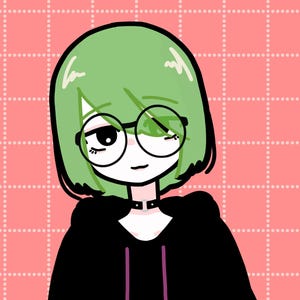May include: A cartoon illustration of a person with green hair wearing black clothing and round glasses. The person is smiling and looking to the right. The background is a pink grid.