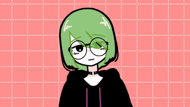 May include: A cartoon illustration of a person with green hair wearing black clothing and round glasses. The person is smiling and looking to the right. The background is a pink grid.
