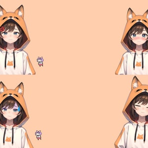 Puede incluir: Cuatro ilustraciones digitales de una ni&ntilde;a con cabello casta&ntilde;o que lleva una sudadera blanca con una cabeza de zorro en la capucha. La ni&ntilde;a tiene diferentes expresiones faciales en cada imagen: enojada, sonriente, triste y durmiendo. Cada imagen tiene un peque&ntilde;o personaje de zorro en la esquina.