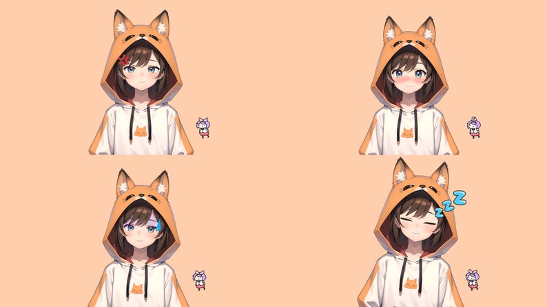 Puede incluir: Cuatro ilustraciones digitales de una ni&ntilde;a con cabello casta&ntilde;o que lleva una sudadera blanca con una cabeza de zorro en la capucha. La ni&ntilde;a tiene diferentes expresiones faciales en cada imagen: enojada, sonriente, triste y durmiendo. Cada imagen tiene un peque&ntilde;o personaje de zorro en la esquina.