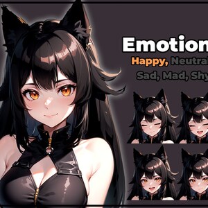 May include: A digital illustration of a black cat girl with long black hair and yellow eyes. The image shows five different expressions: happy, neutral, sad, mad, and shy.