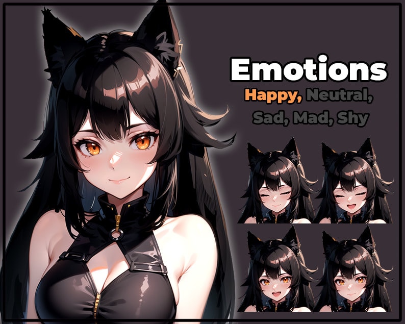 May include: A digital illustration of a black cat girl with long black hair and yellow eyes. The image shows five different expressions: happy, neutral, sad, mad, and shy.