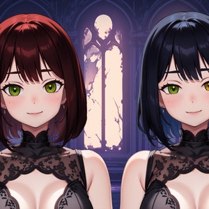 May include: Two women with similar hairstyles and facial features. Both have short, dark hair with bangs, green eyes, and are wearing black lace dresses with high necklines.