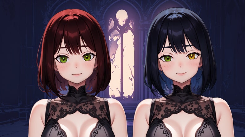 May include: Two women with similar hairstyles and facial features. Both have short, dark hair with bangs, green eyes, and are wearing black lace dresses with high necklines.
