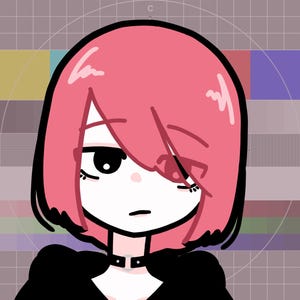 May include: A cartoon illustration of a person with short pink hair wearing a black shirt with a black choker. The person has a red eye and is looking to the right.