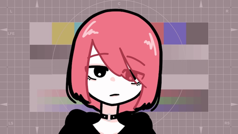 May include: A cartoon illustration of a person with short pink hair wearing a black shirt with a black choker. The person has a red eye and is looking to the right.