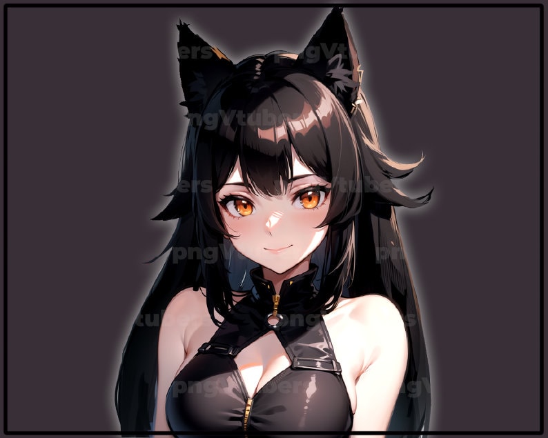 May include: A woman with long black hair and cat ears is wearing a black outfit with a zipper. She has orange eyes and a soft smile.