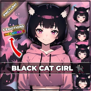 pngTuber、黒猫娘ネコ 2D Vtuber / 6 つの表情を持つプリメイド & プリセットアップ モデル、ストリーミング準備完了 / Veadotube / Twitch