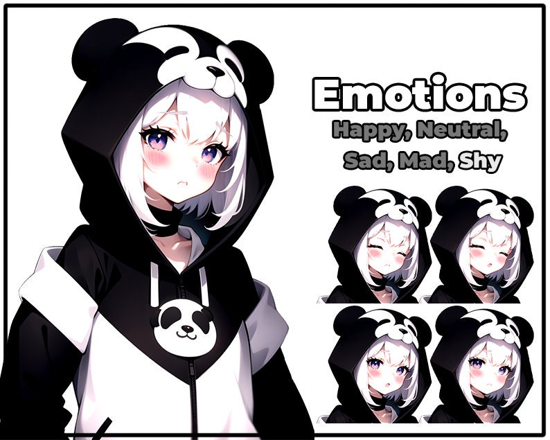Puede incluir: Una ilustraci&oacute;n digital de una chica con cabello blanco que lleva una sudadera con capucha de panda en blanco y negro. La imagen muestra cinco expresiones diferentes de la chica: feliz, neutral, triste, enojada y t&iacute;mida.