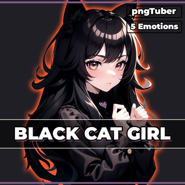 pngTuber, Black Cat Neko Girl 2d Vtuber / Modèle Premade & Presetup avec 5 expressions, prêt pour le streaming / Veadotube / Twitch