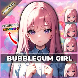 pngTuber, Pink and Blue Bubblegum Girl 2d Vtuber / Premade & Presetup model with 5 expressions, ready for streaming / Veadotube / Twitch